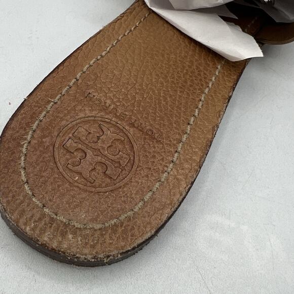 Womens Tory Burch Slip On Slide Sandals Leather Tan Perforated Logo Size 10.5 - Picture 5 of 9